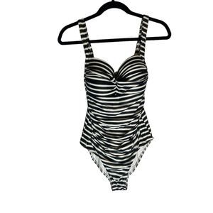 Niptuck One Piece Swimsuit Multi Cup Fit Black White Gold Stripe Size 8